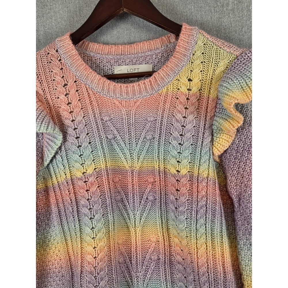 LOFT Spacedye Ruffle Sleeve Rainbow Ombré Sweater Womens L PRIDE Blogger Fav - Picture 2 of 8